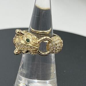 Banana Republic Vintage Gold Tone Pave Crystal Green Eyes Panther Ring Size 6